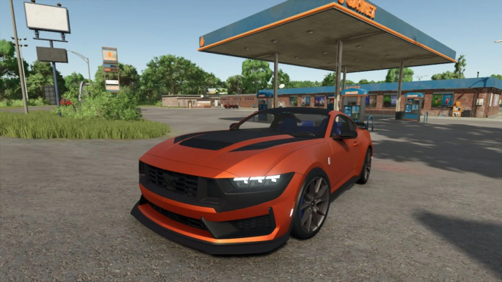 fs25-mods,  Farming Simulator 25 mod: 2024 Ford Mustang Dark Horse v1.0.0.0, sports car parked at a gas station.
