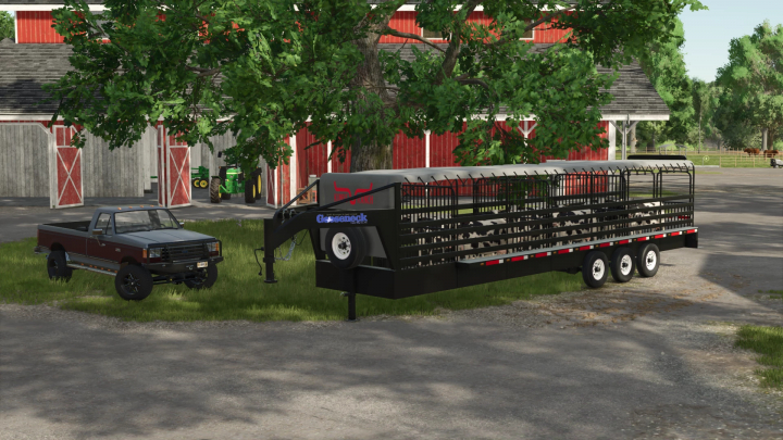fs25-mods, Farming Simulator 25 mod: 32FT Wilson Gooseneck Trailer with livestock, parked on a farm near a barn and trees.