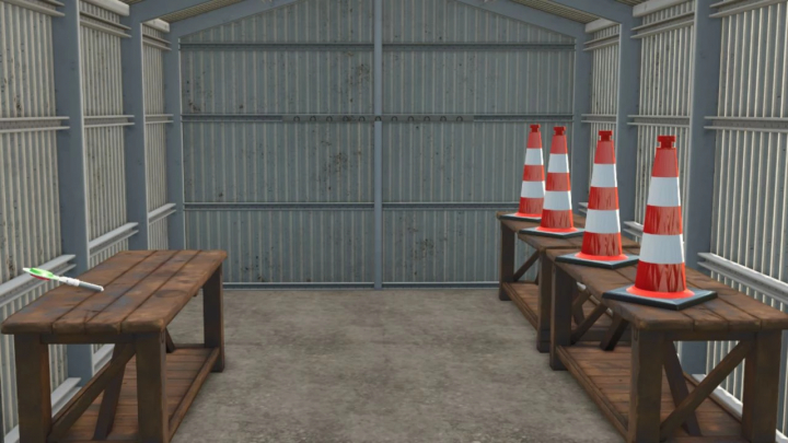 fs25-mods,  Farming Simulator 25 mods, active object hand tool in storage with traffic cones on tables.