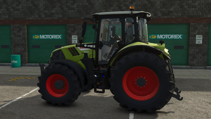 fs25-mods,  Farming Simulator 25 mod featuring a CLAAS ARION 530 tractor with detailed wheels, parked outside a MOTOREX facility, as part of FS25 mods.