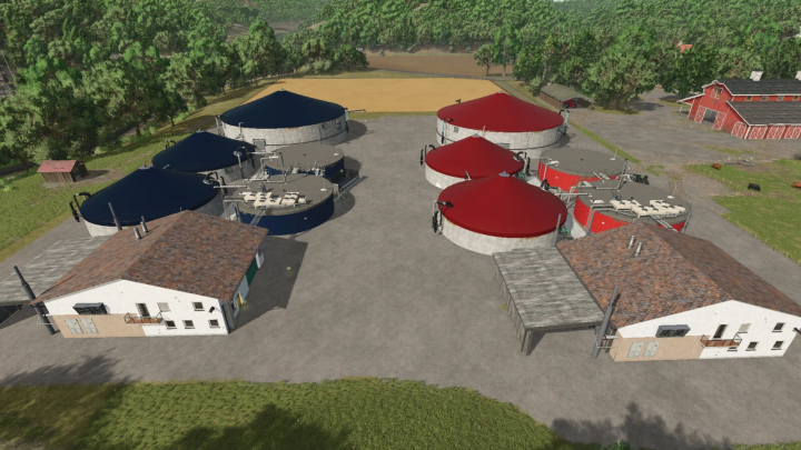 fs25-mods, Farm buildings and biogas tanks with blue and red roofs in Farming Simulator 25 mod BGA Complex v1.0.0.0.