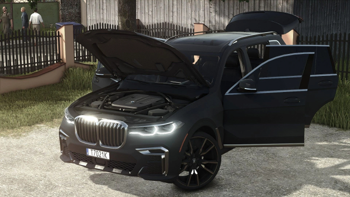 fs25-mods, Farming Simulator 25 mod: BMW X7 M50i v1.2.0.0 with open hood and door, detailed car in a rural yard setting.