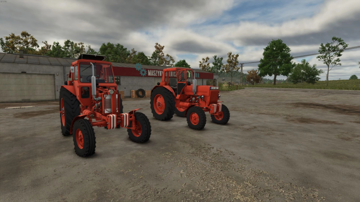 fs25-mods, Two vintage Belarus tractors in a farmyard setting from Farming Simulator 25, showcasing FS25 mods and classic tractor mods.