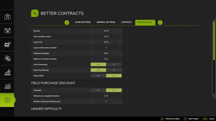 fs25-mods, Screenshot of Better Contracts mod settings in Farming Simulator 25, showing options for rewards, field discounts, and difficulty adjustments.