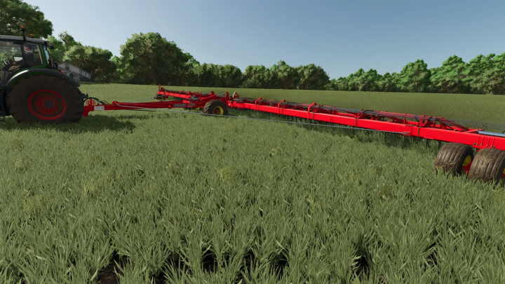 fs25-mods, Farming Simulator 25 mod showing the Bourgault XR770 Harrow v1.0.0.0 attached to a tractor in a green field.