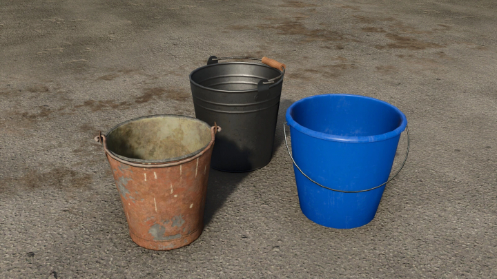 fs25-mods, Three buckets of different conditions: rusty, black, and blue, for use in Farming Simulator 25 mods.