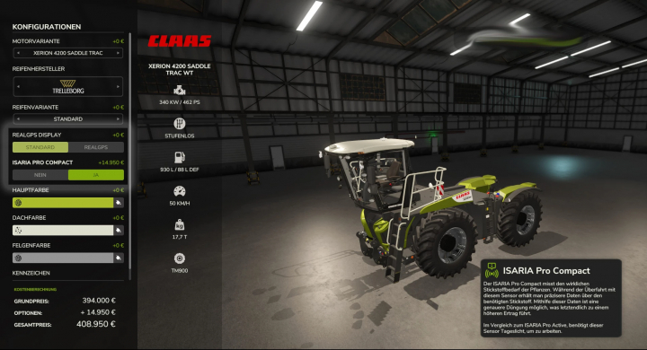 fs25-mods, Farming Simulator 25 mod: CLAAS SADDLE TRAC Pack Xerion4200 WobbyTec v1.0.0.3, detailed truck configuration screen showcasing the tractor's features.