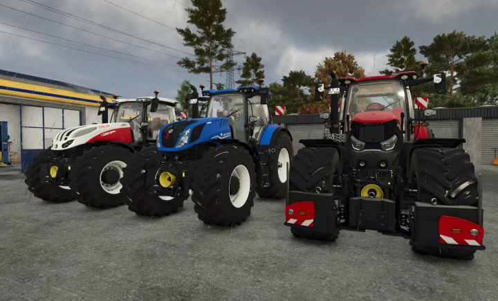 fs25-mods, Three large tractors with different colors parked outdoors, showcasing mods from Farming Simulator 25, including Case IH, Steyr, and New Holland models.