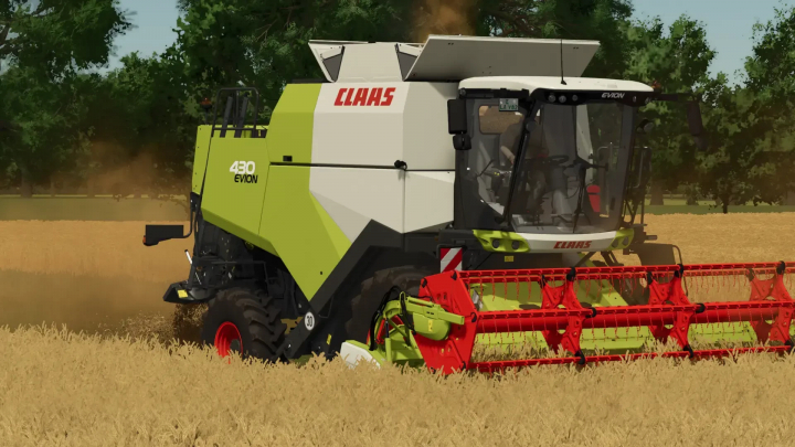 fs25-mods, Claas Evion Pack v1.2.1.0 mod in Farming Simulator 25, featuring a green and white Claas Evion combine harvester operating in a wheat field.
