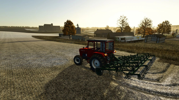 fs25-mods, Farming Simulator 25 mod: a red tractor with Combinator RO v1.0.0.0 attached, working on a field at sunrise.