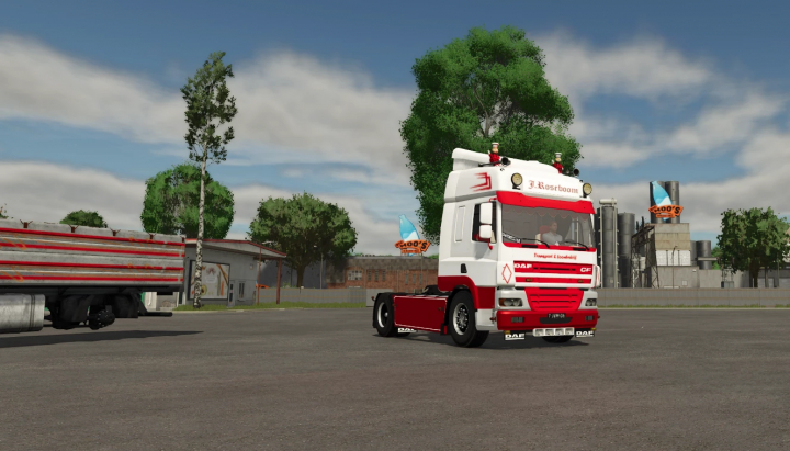 fs25-mods, FS25 mod featuring a detailed DAF CF truck in Farming Simulator 25, parked outdoors with trees and industrial background.
