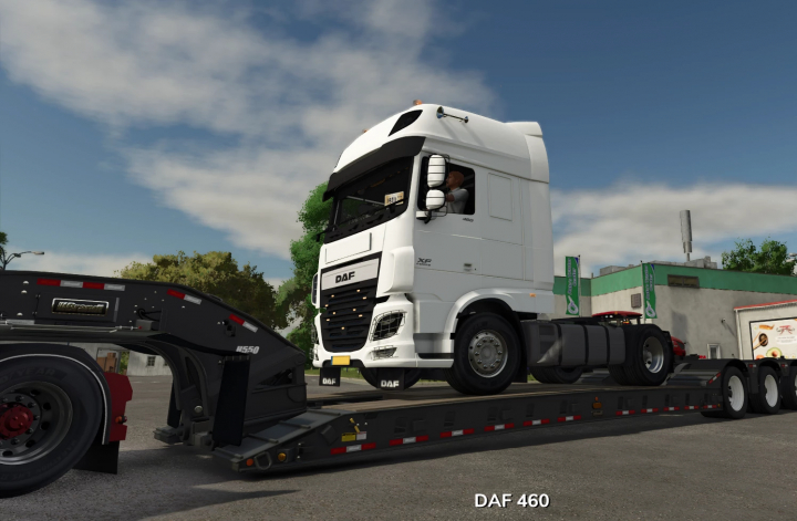 fs25-mods, Farming Simulator 25 mod featuring a white DAF XF 106 truck on a transport trailer.