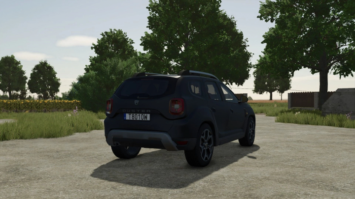 fs25-mods, Car mod for Farming Simulator 25, Dacia Duster 2019 v1.0.0.3, shown in a rural setting with trees and grass.