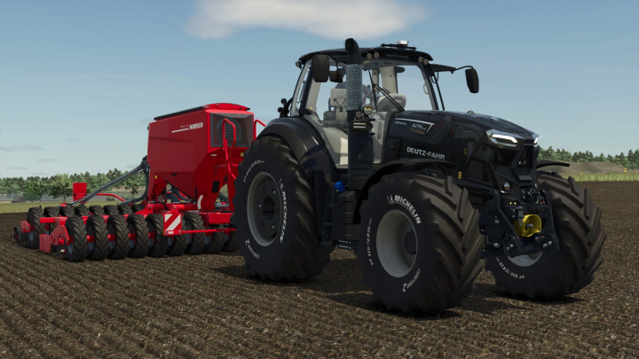 fs25-mods, Farming Simulator 25 mod: Deutz-Fahr 6215 TTV tractor with Norsch seed drill on farmland.