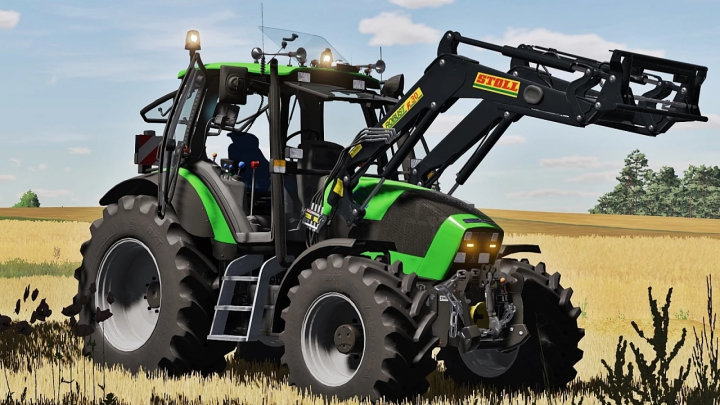 fs25-mods, Farming Simulator 25 mods: Deutz Fahr Agrotron Series tractor with front loader attachment on a field.