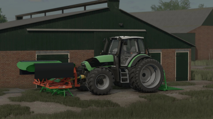 fs25-mods, Farming Simulator 25 mods: Deutz Fahr M Series v1.0.1.0 tractor with attached farming implement outdoors near a building.
