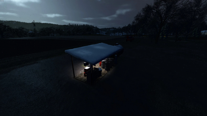 fs25-mods, Night view of a fuel station with a large diesel tank, part of FS25 mods in Farming Simulator 25.