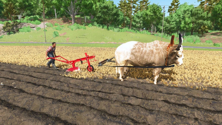 fs25-mods, Farming Simulator 25 mod showcasing draft animals pack with a bull hitched to a plow in a farm field.