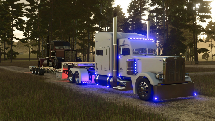 fs25-mods,  Farming Simulator 25 mod truck with a classic truck on a trailer, illuminated with blue lights on a dirt road in the woods.