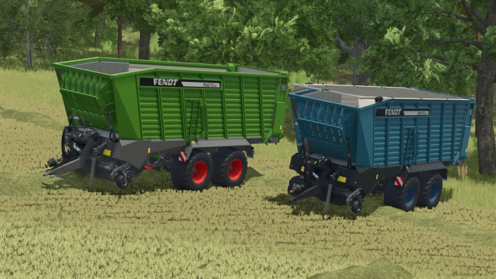fs25-mods, Fendt Tigo75VR mod trailers in Farming Simulator 25, green and blue, parked in a grassy field with trees in the background.