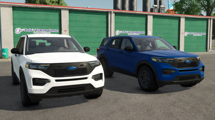 fs25-mods, Two Ford Explorer vehicles parked in front of Axle's Tractor Center in Farming Simulator 25.