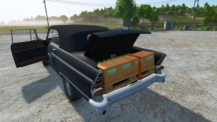 fs25-mods, Farming Simulator 25 mod: Classic black vintage car with an open trunk filled with boxes and bottles, used in FS25 mods.