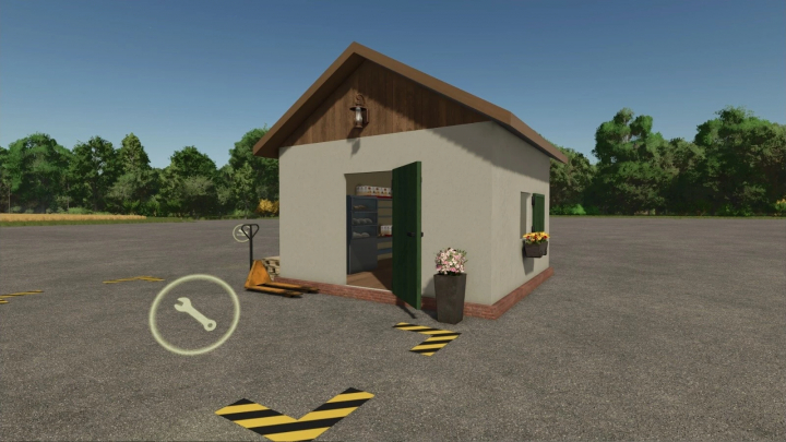 fs25-mods, Small farm building in Farming Simulator 25 with tools, flowers, and storage inside, part of the German Farmbuildings Pack mod.