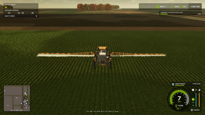fs25-mods, Farming Simulator 25 mod: View of a sprayer working in a field, with interface details and mini-map, featuring the Hagie Sprayer v1.0.0.0.