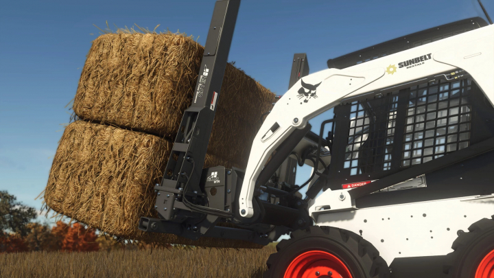 fs25-mods, Farming Simulator 25 mod: Skid steer loader with Hillco Wrap Twine Remover attachment lifting hay bales.