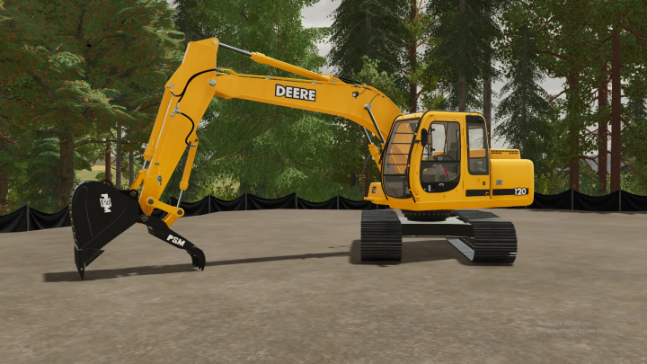 fs22-mods, Farming Simulator 22 mod image of a yellow Deere 120 excavator with a black PSM attachment, set in a forested environment.