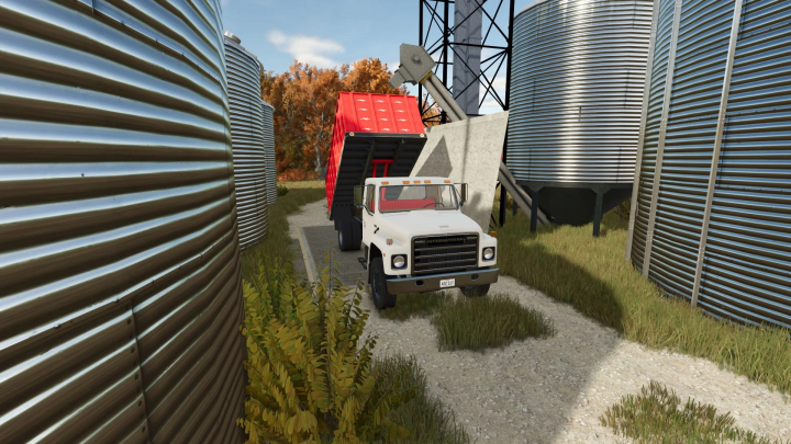 fs25-mods,  FS25 mod: White International S1800 truck unloading grain at a silo in Farming Simulator 25.