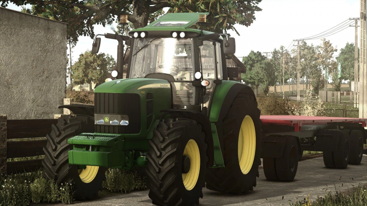fs25-mods, John Deere 6930 tractor mod for Farming Simulator 25, featuring large tires and a flatbed trailer, suitable for FS25 farming activities.