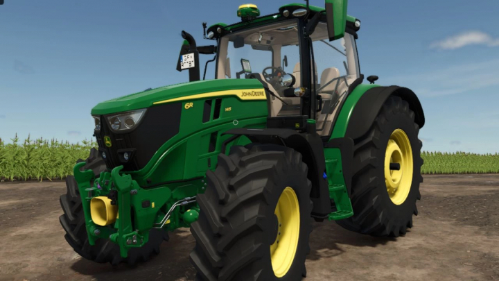 fs25-mods, Farming Simulator 25 mod featuring a green John Deere 6R 145-185 tractor with large tires in a field.