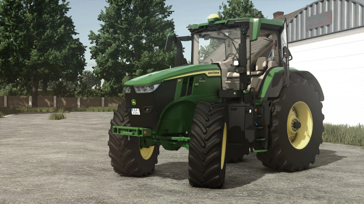 fs25-mods, John Deere 7R v1.0.0.3 mod for Farming Simulator 25, featuring a green tractor with large tires parked on a farmyard.