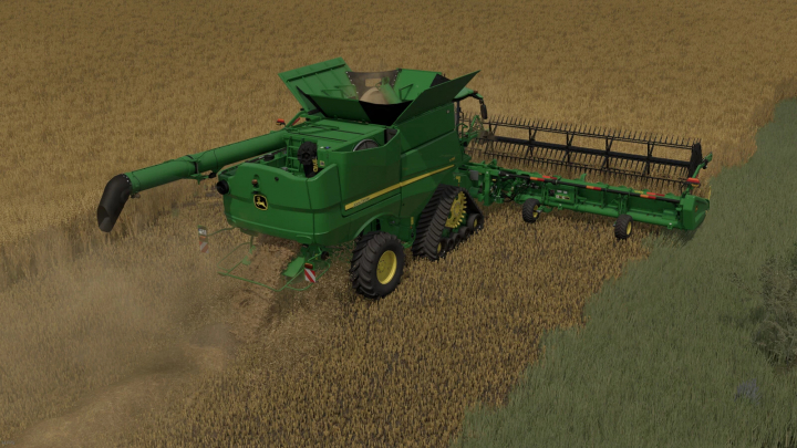 fs25-mods, John Deere S790 EU v1.0.0.0 combine harvester in Farming Simulator 25, green color, harvesting wheat on a field, FS25 mods
