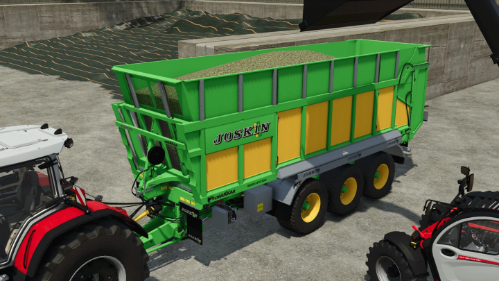 fs25-mods,  Farming Simulator 25 mod: Joskin Cargo trailer in green and yellow, attached to a tractor, used for transporting materials in FS25.