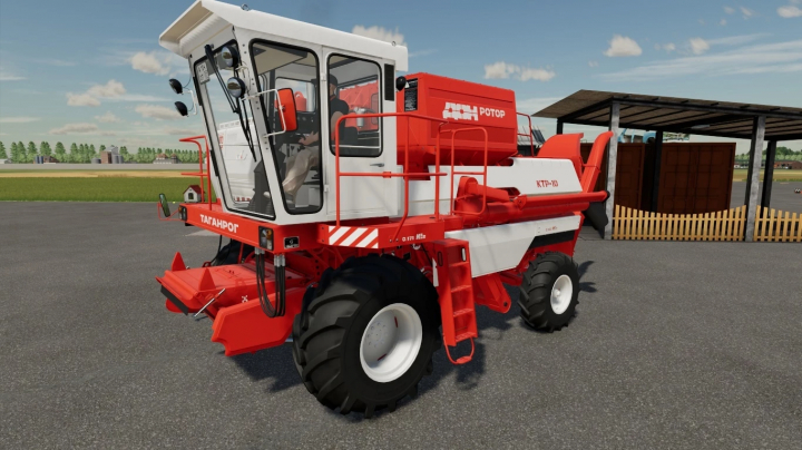 fs25-mods, Farming Simulator 25 mod: KTR-10 DON-Rotor vehicle with white cabin and red equipment, used for harvesting operations, outdoor scene.
