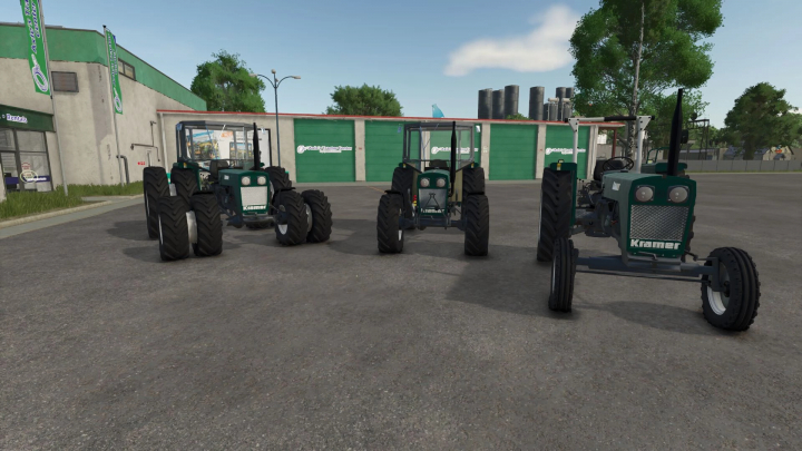 fs25-mods, Three Kramer tractors parked outside Axle Tractor Center in Farming Simulator 25, showcasing the Kramer KL 714 mod.