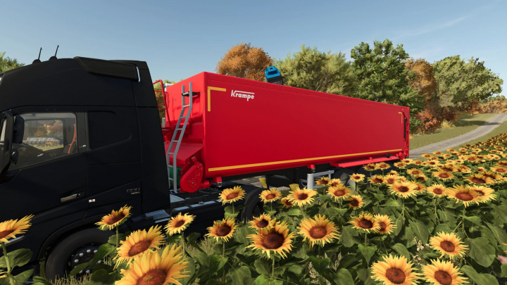 fs25-mods,  Farming Simulator 25 mod: Red Krampe SB II 30/1070 manure spreader attachment on a tractor in a sunflower field.
