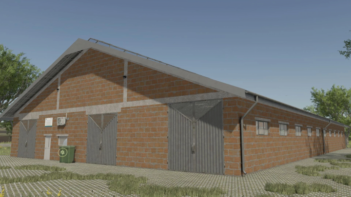 fs25-mods,  Large Cow Shed in Farming Simulator 25 mods, a brick barn with metal doors, windows, and a sloped roof, part of FS25 mods.