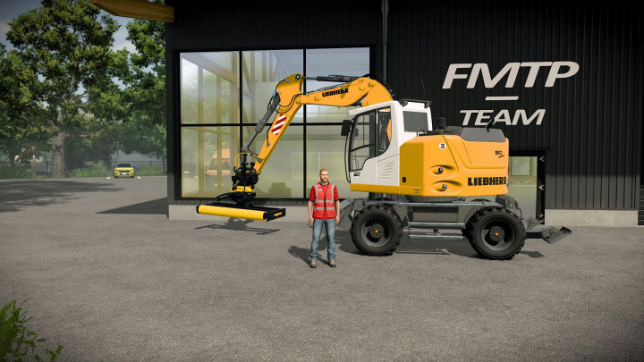 fs25-mods, Farming Simulator 25 mod: Liebherr A910 wheel loader with operator and detailed construction equipment outside modern building.
