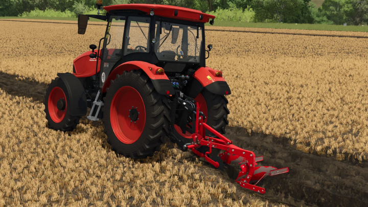 fs25-mods, Farming Simulator 25 mod: Red tractor with a soil cultivator attachment working in a wheat field.