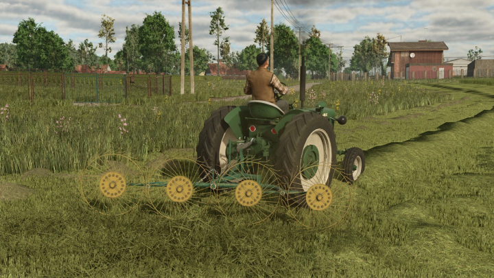 fs25-mods,  In Farming Simulator 25, a tractor with Lizard Z-240 mod is working on a field with green grass and flowers, under a partly cloudy sky.