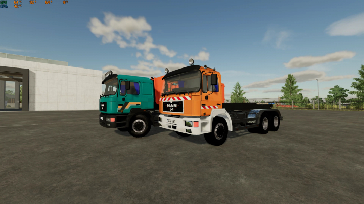 fs22-mods, Two MAN trucks from the MAN 26.372 v1.0.0.0 mod in Farming Simulator 22, parked on a farm yard, realistic textures and bright sky.