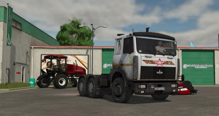 fs25-mods,  Farming Simulator 25 mod showcasing a MAZ 6422 truck with a tractor attached in front of a farm shop.