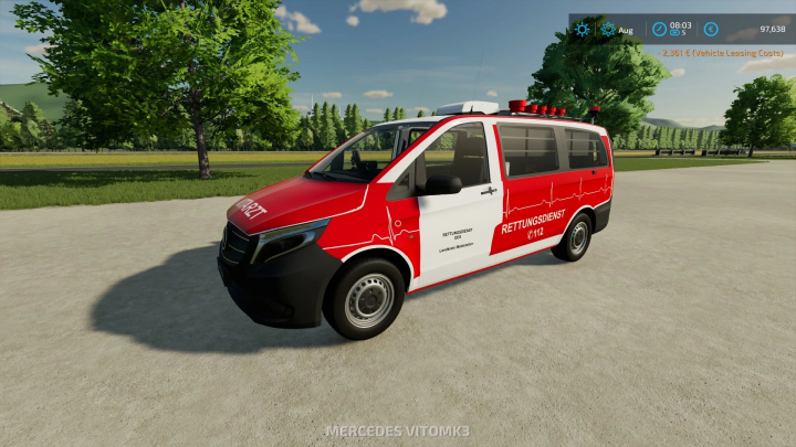 fs22-mods,  Farming Simulator 22 mod: Mercedes-Benz Vito ELW emergency vehicle with rescue markings and sirens, used for firefighting and rescue missions.