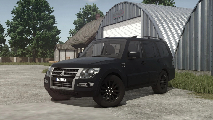 fs25-mods, Black Mitsubishi Pajero SUV mod in Farming Simulator 25, parked near farming buildings, showcasing FS25 mods.