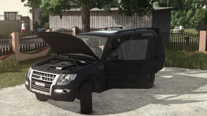 fs25-mods, Farming Simulator 25 mod: Black Mitsubishi Pajero with open hood and closed doors, parked outdoors in a rural setting.