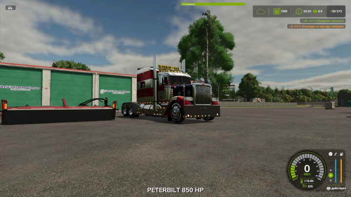 fs25-mods, Farming Simulator 25 mod featuring a Peterbilt 388 truck with 850 HP, parked in a lot with a green backdrop and game interface elements visible.