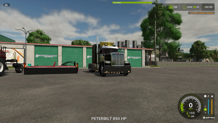 fs25-mods, Farming Simulator 25 mod featuring a Peterbilt 850 HP truck with black detailed design parked in a farmyard.